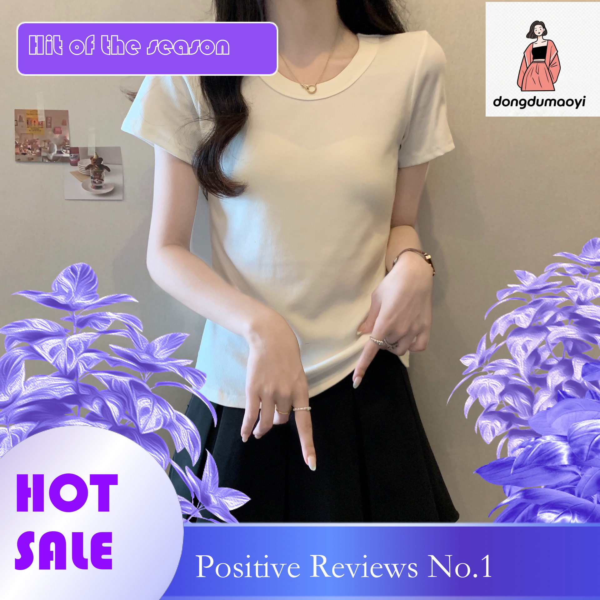 dongdumaoyi Spring/Summer Irregular Shoulder Short Sleeve T-shirt Large Top Women's Summer Slim Fit Versatile Round Neck Solid Color Bottom Shirt