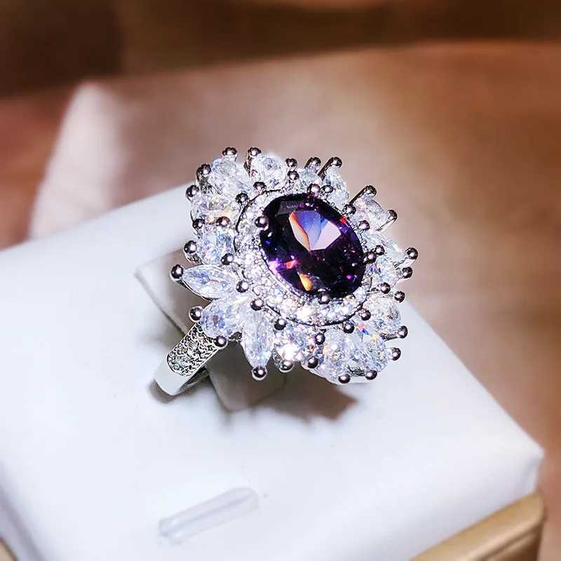 925 Silver New Model Amethyst Opening Ring Female Bling Long Pillow She Deep Purple Zircon Full Diamond Ring Bridal GiftXJ250514
