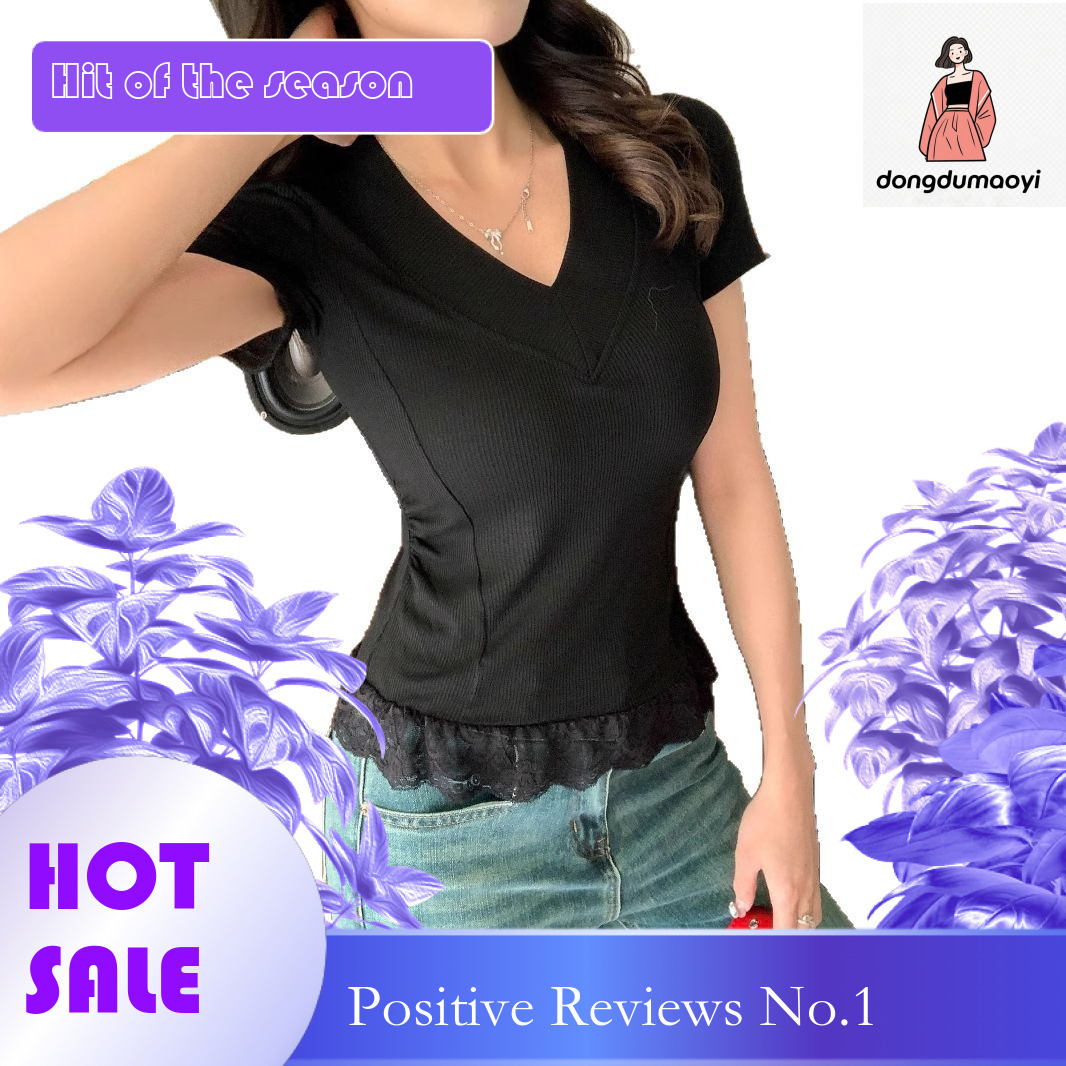 dongdumaoyi Spicy girl V-neck shoulder sleeved T-shirt for women in summer 2025, new slim and oversized design, lace edge short top