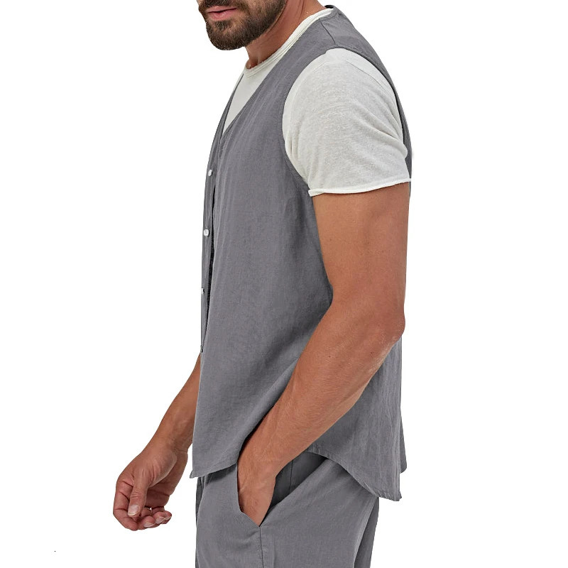 2024 Summer Thin Button Casual Solid Color Linen Youth Vest Mens Sleeveless Tops 250506