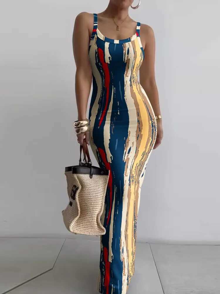 Dresses For Women 2024 Sexy Spaghetti Strap Color Printed Long Dress Evening Y2k Sleeveless Solid Skinny Bodycon Maxi DressesXJ250514