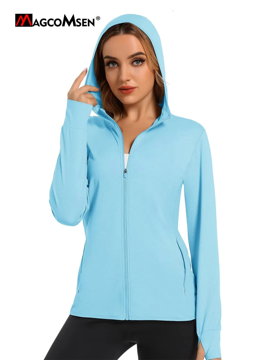 MAGCOMSEN Spring Lightweight Jackets Womens UPF 50 Sun Protection Hooded Zip Shirts Running Athletic Tops Thumb Holes Hiking 250513