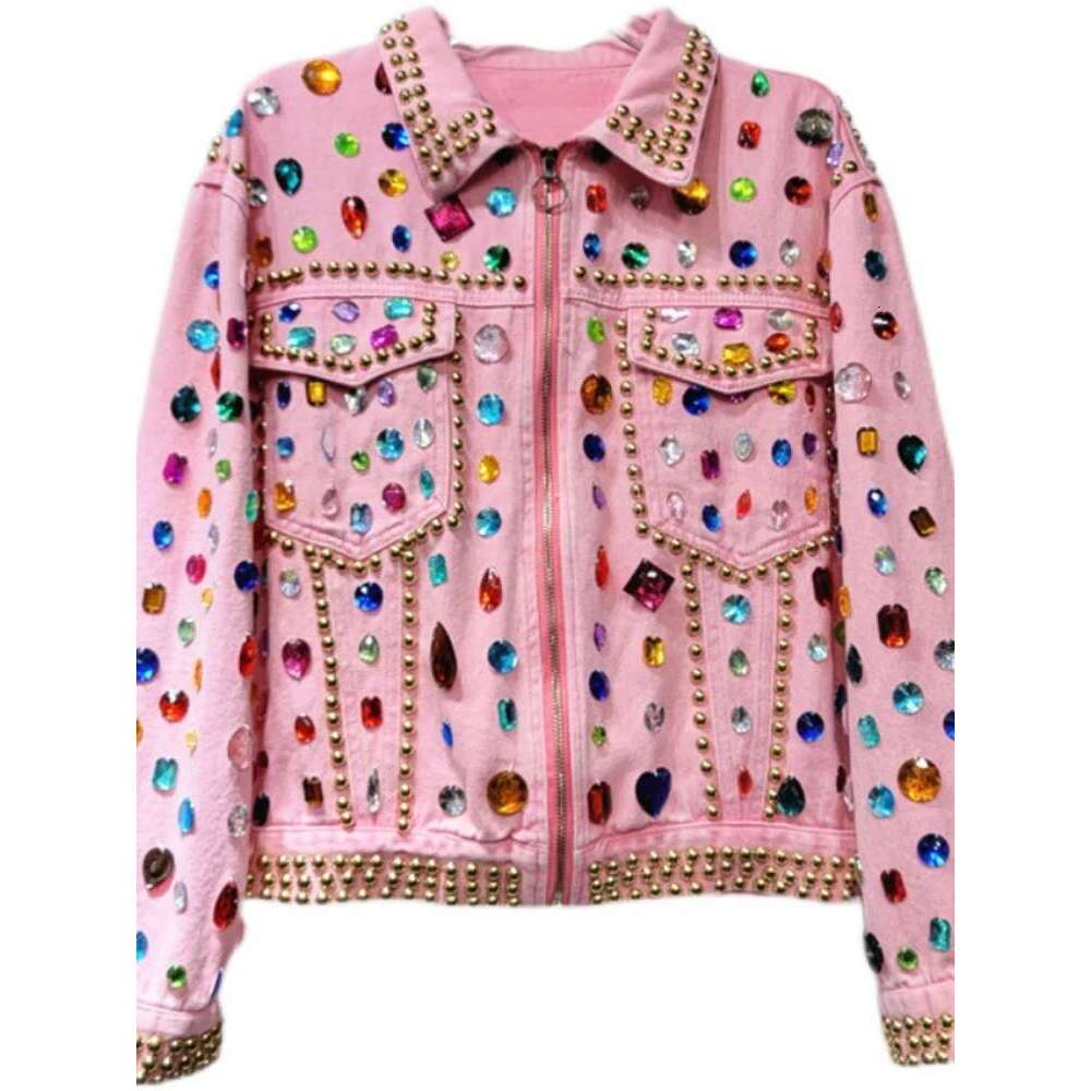 Women Rainbow Dias Beaded Pink Denim Coat Loose Rhinestones Jeans Jacket Long Sleeve Crystal Cowboy Cardigan Rivets Tops