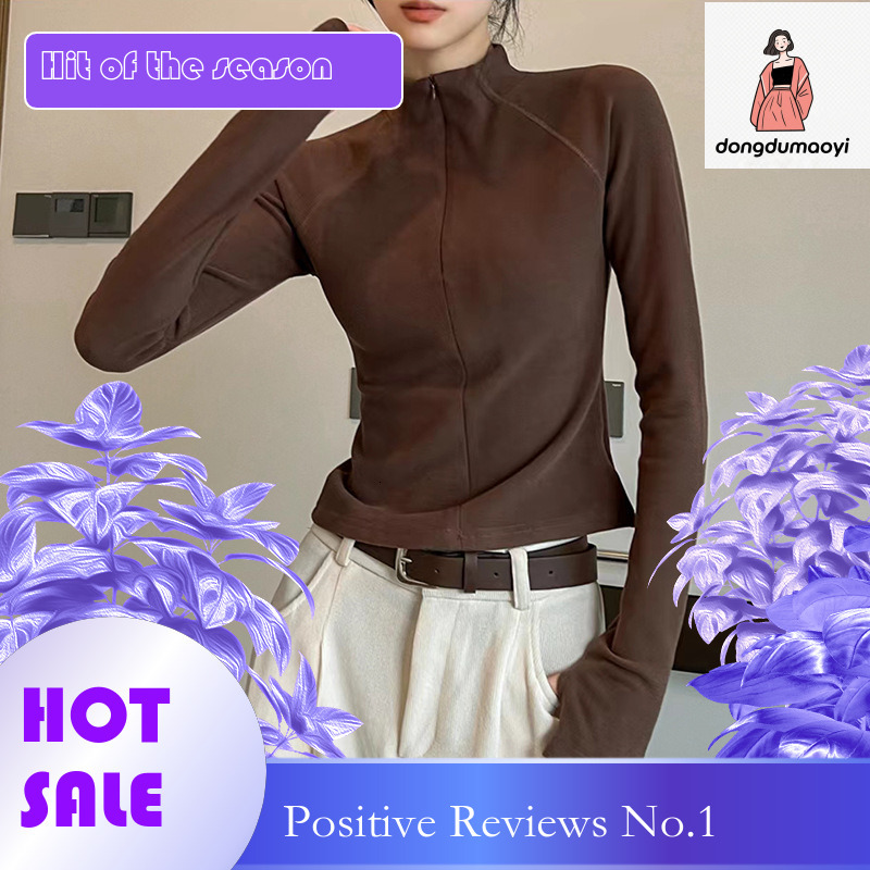 dongdumaoyi Double sided German velvet zipper bottom shirt for women, 2023 autumn and winter new item, slim fit warm long sleeved stand up collar top 