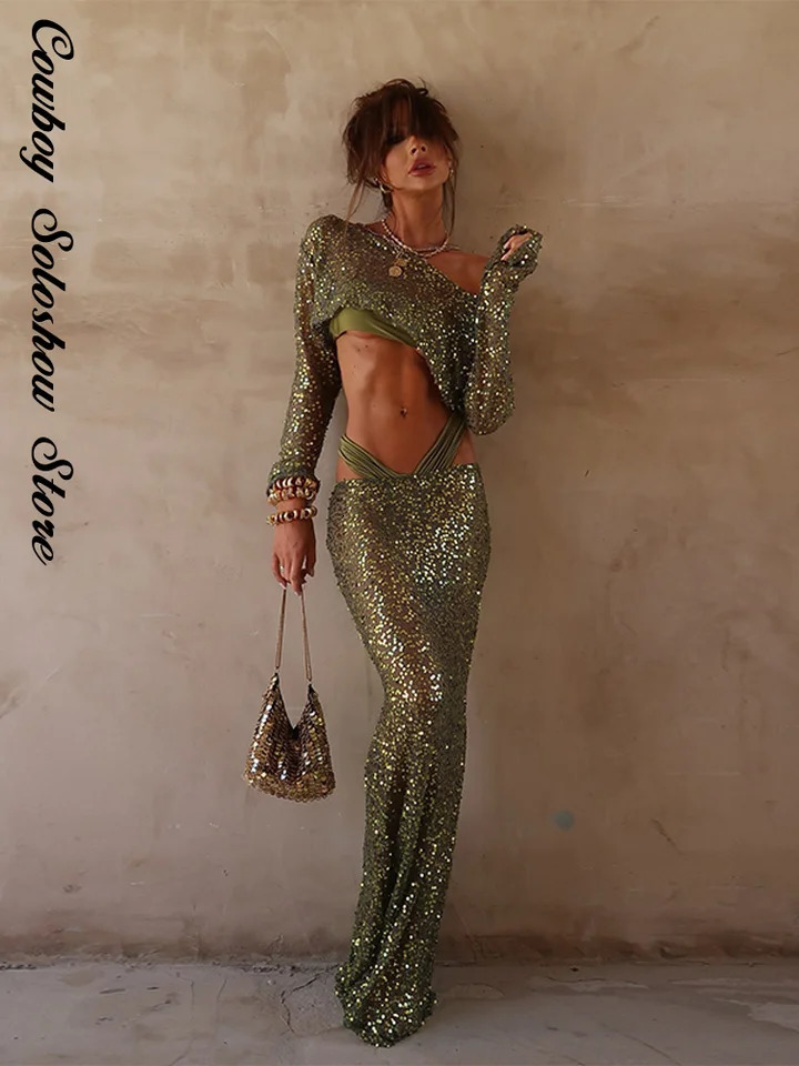 Sexy Sequin Crop Top Skirt Set Women Slim Slash Neck Long Sleeve Tops See Through Long Skirts 2025 Summer Beach Shiny Lady Suit 250513