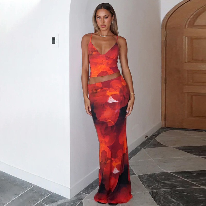 Womens 2024 Summer New Fashion Print Sexy V-neck Small Tank Top Slim Fit Skirt Set