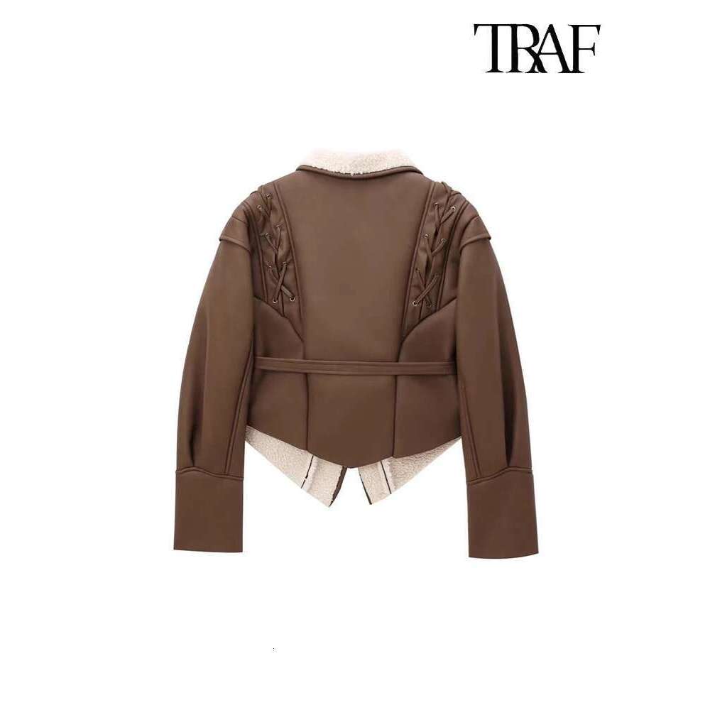 TRAF Women Fashion Autumn Elegant Plush Lapel Street Trend Lace-up Irregular Hem Casual Commuter Leather Jacket