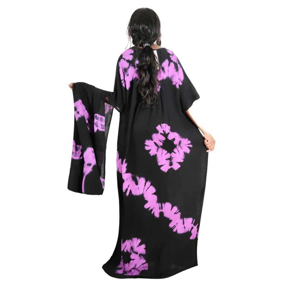 2025 New Summer Pure Cotton Tie-Dye Long Loose Muslim Dress with Scarf Sparkle Embroidery Breathable Comfortable Maxi Abaya X250514