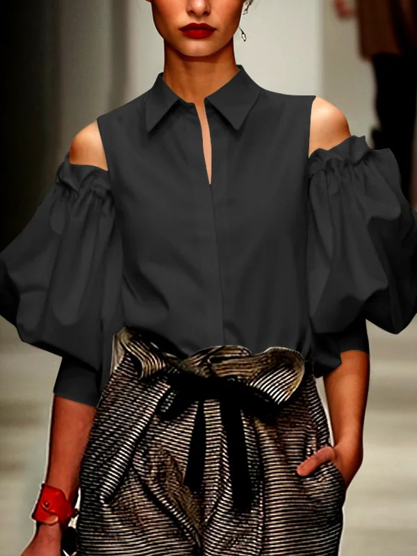 Modigirl Fashion Women Tuxedo Blouse Shirts Summer Soild Color Cold Shoulder Office Party Leisure Black Tops for 250514
