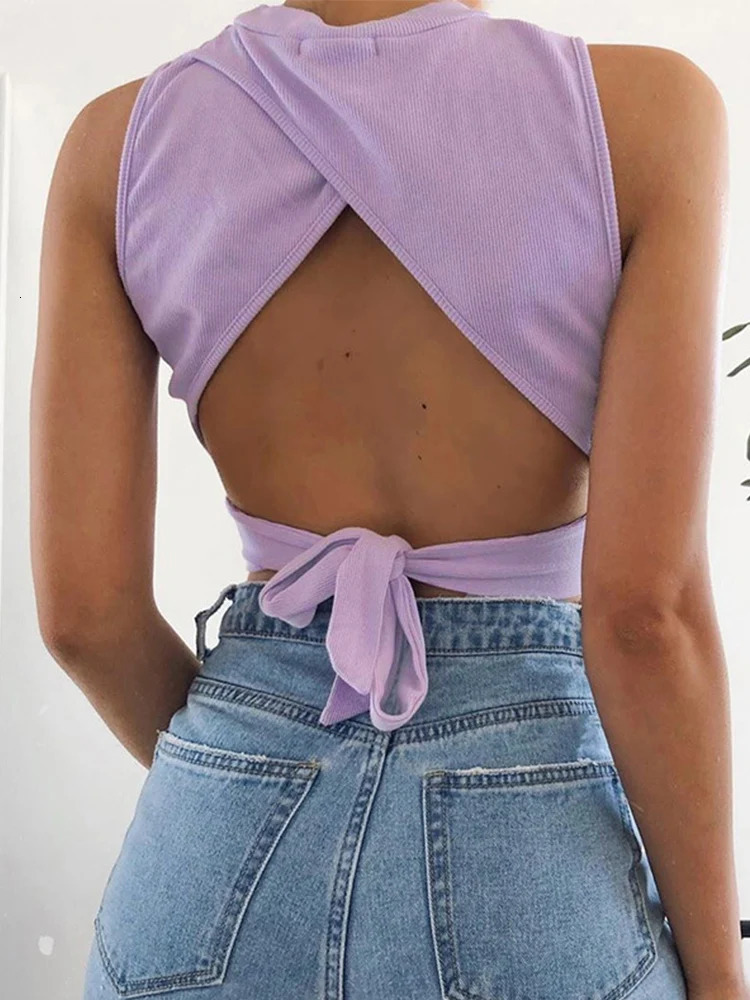 Sexy backless vest bandage slim crop top 2024 summer casual streetwear pure cotton soft Chris 250506