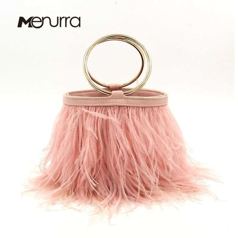 Real Ostrich Feathers bucket bag Handbag Evening Bags Women's Pink Green Dia Clutch Party Messenger Bag For Ladies