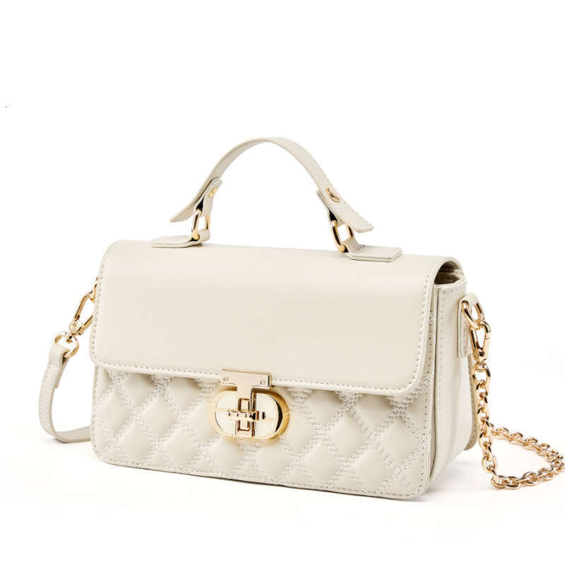 2025 New Top Layer Cowhide High-End Sense Niche Design Fashionable Small Fragrance Style Hand-Held Diamond Grid Embroidery Thread Genuine Leather Wome