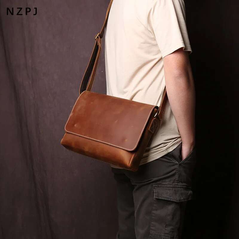 NZPJ Men's Retro Shoulder Crazy-Horse Horizontal Crossbody Bag Top Layer Leather Casual Ipad Bad