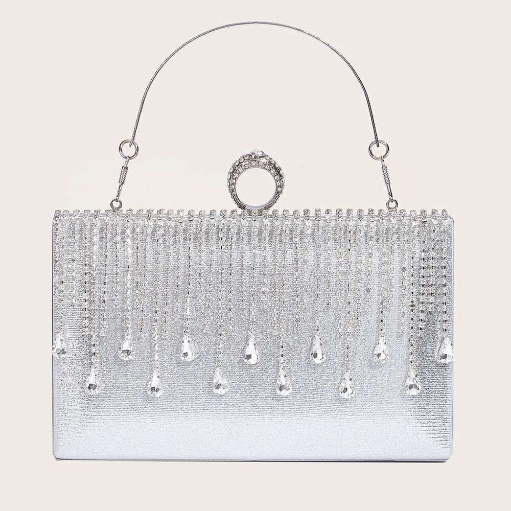 Women's Evening Sier Clutch With Rhinestone Tassel Wedding Party Handbag Square Purse Elegant Shoulder Bag