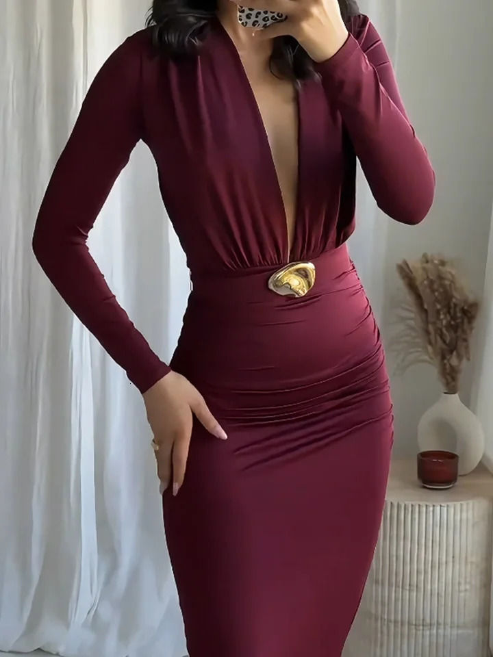 RARA Summer Arrivals Womens Belt Dress Deep VNeck Long Sleeve Slim Fit Pleated High Waist Temperament Elegant 250514