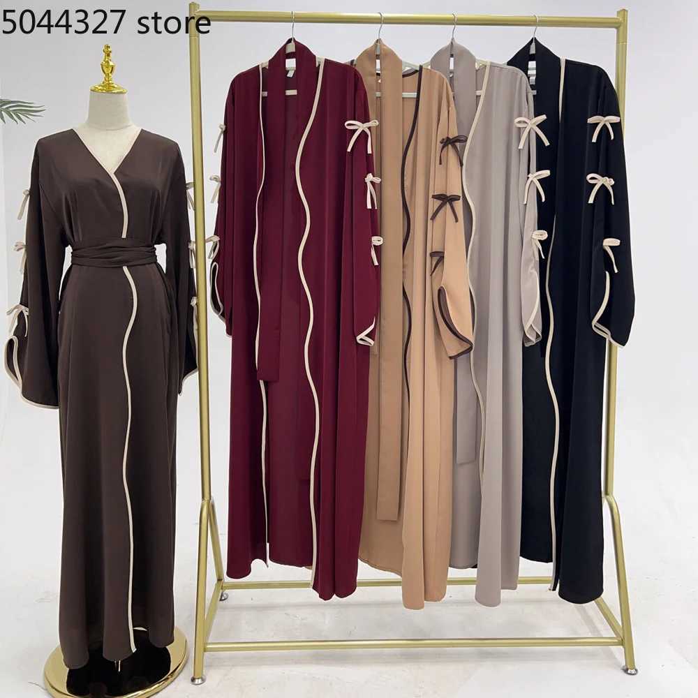 Bowknot Open Abaya for Women (No Inner) Ramadan Eid Hijabi Outfit Dubai Turkish Modest Islamic Clothing Muslim Kimono Abaya X250514
