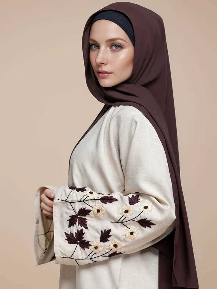 Apricot Color Muslim Abaya Boasting Exquisite Floral Cuff Embroidery Blending Timeless Elegance and Fashion for Ramadan Islamic X250514