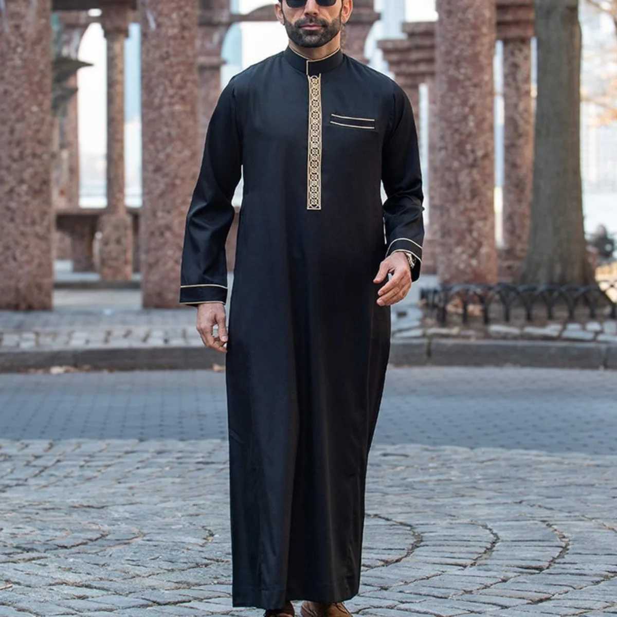 Islamic muslim Arabic mens robe long sleeve embroidered stand collar arabian thobe for men X250514