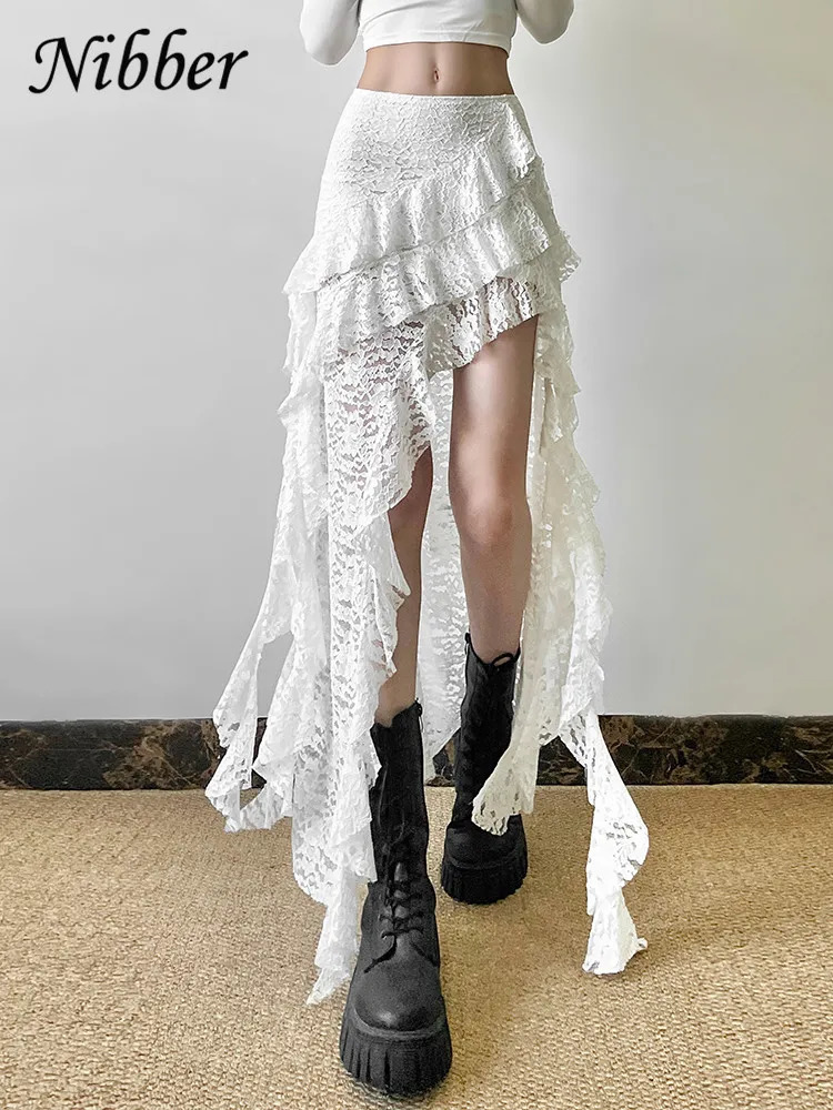 Nibber Tassels Women Skirts Irregular Hem MultiLayered Ruffles Lace Patchwork Sweet Summer Trend Daily Skinny Versatile Bottoms 250514