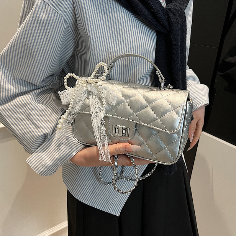 2025 Free Shipping Designer Women's Handbag French Diamond Mesh Chain Shoulder Crossbody Bag Summer New Fashion Small Square Bag Versatile Phone 
