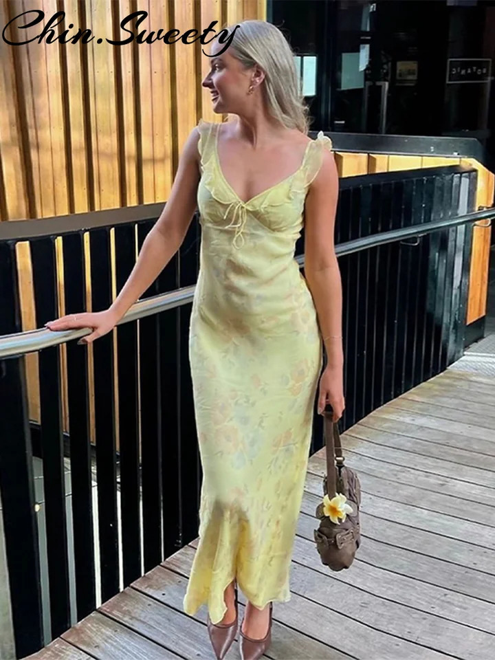 Summer Printed Women Dress Beach Sleeveless Backless Slim Sling Pleated Female Dresses Vacation Ruffles Lady Vestidos 250514