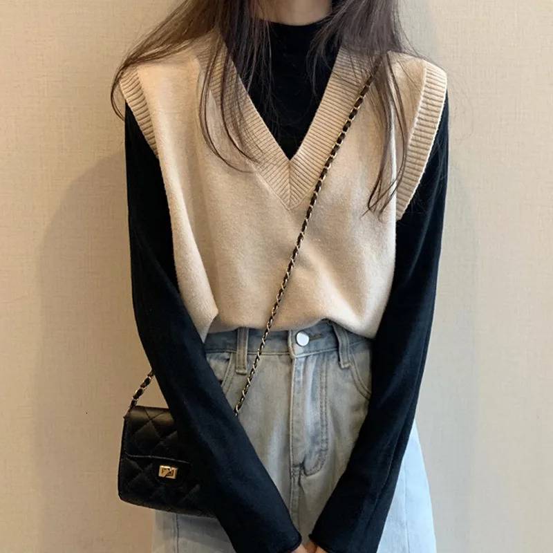 Women Knitted Sweater Vest Spring Autumn Short Loose Vintage Sleeveless Girls VNeck Pullover Tops Female Outerwear 250506