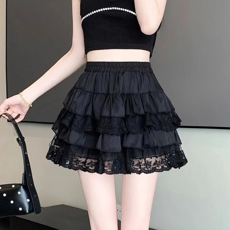 Elastic Gothic Lace Tutu Skirt Women Black Mesh Detail Petticoat Sexy Mini Tulle Skirts Party Club Wear Dancer 250514