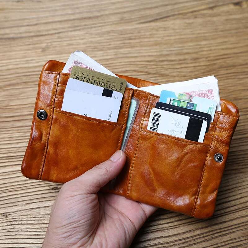 NZPJ Male Retro Female Short First Layer Cowhide Vertical Wallet Vegetable Tanned Leather Bank Card Holder
