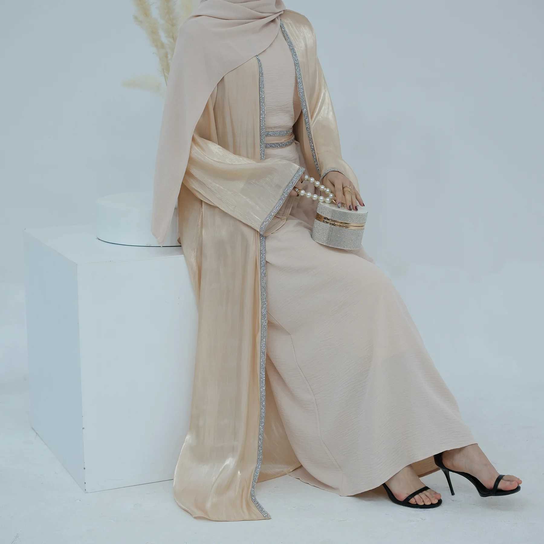 Muslim Set 3-Pieces Women Open Abaya Diamond Kimono Hijab Inner Dress Set Turkey Dubai Kaftan Eid Party Ramadan Caftan Arab Robe X250514