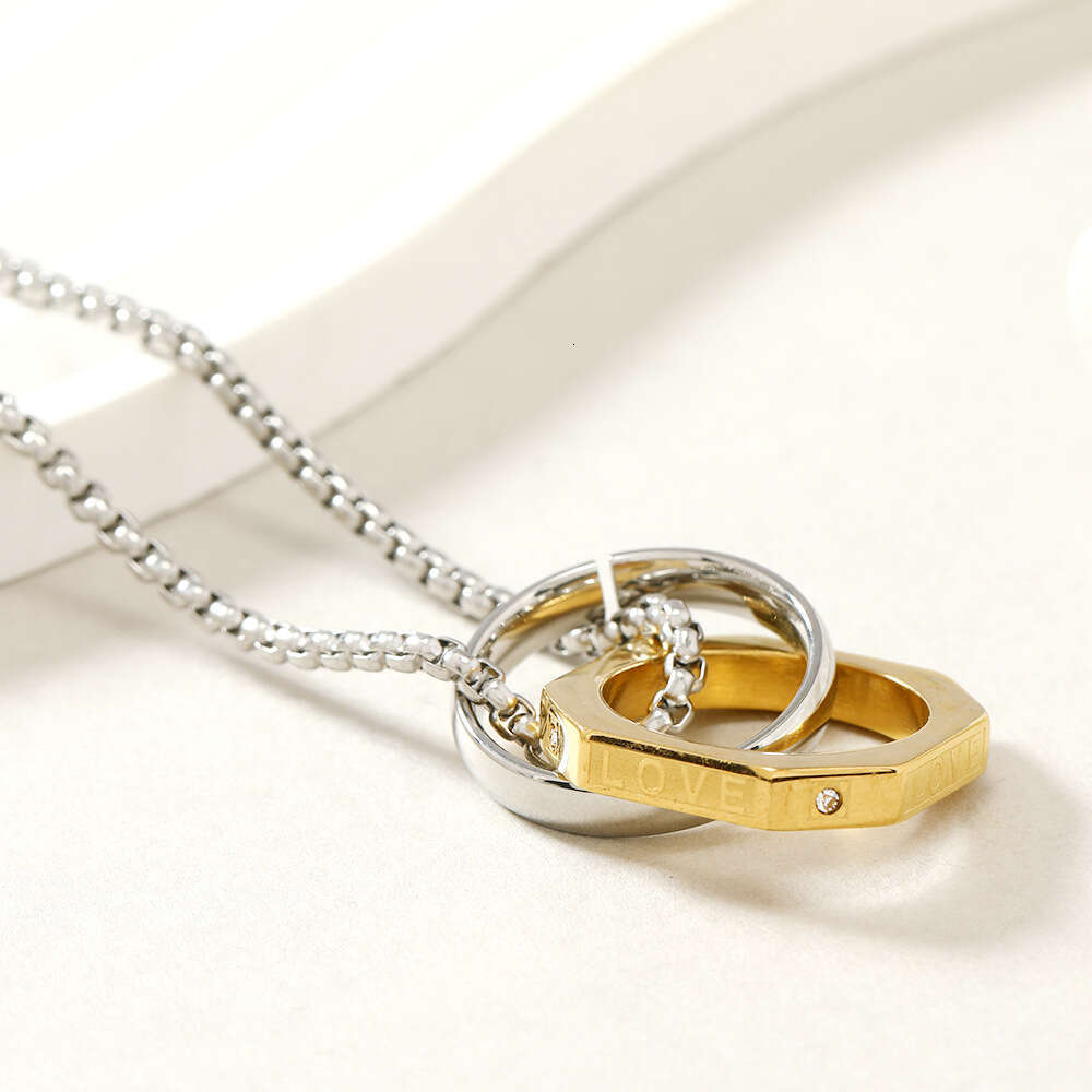 Stainless Jewelry Fashion Versatile Love Letter Double Ring Titanium Steel Necklace Geometric Multi sided Pendant Sweater Chain