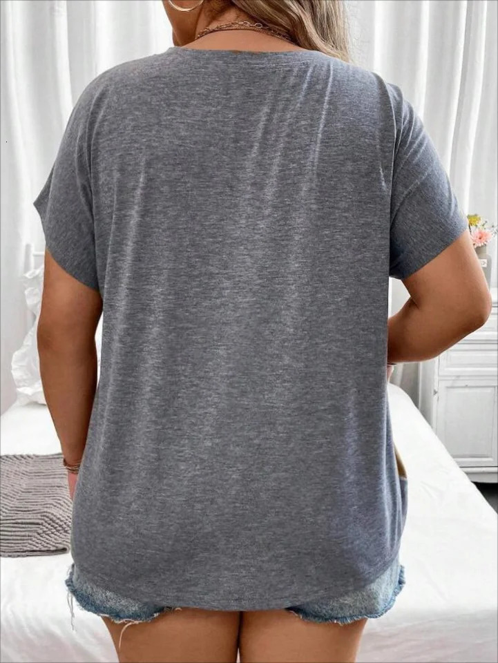Plus Size European and American Cross Border Womens Loose Short Sleeve Patchwork Pocket Tshirt Top 250514