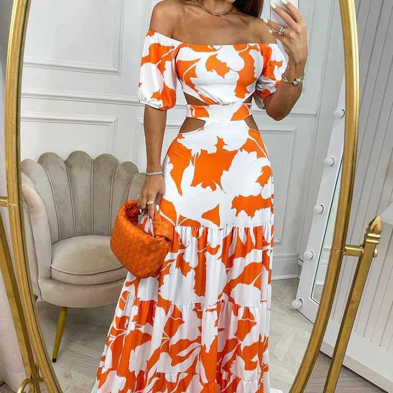 Sexy Womens Temperament Commuting Slim Fit Printing Hollow Lace up Large Swing Dress Womens Fashion Short Sleeve High Waist DrXJ250514