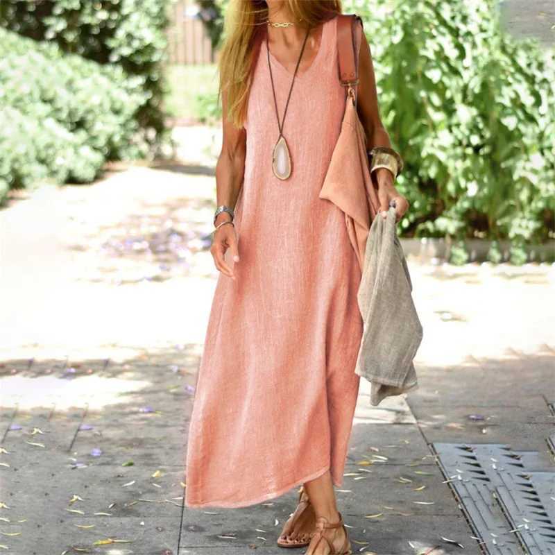 Women New Cotton Linen Solid Color Dresses Summer Sleeveless V Neck Pullover Dress Female Commuter Casual Comfortable Long GownXJ250514