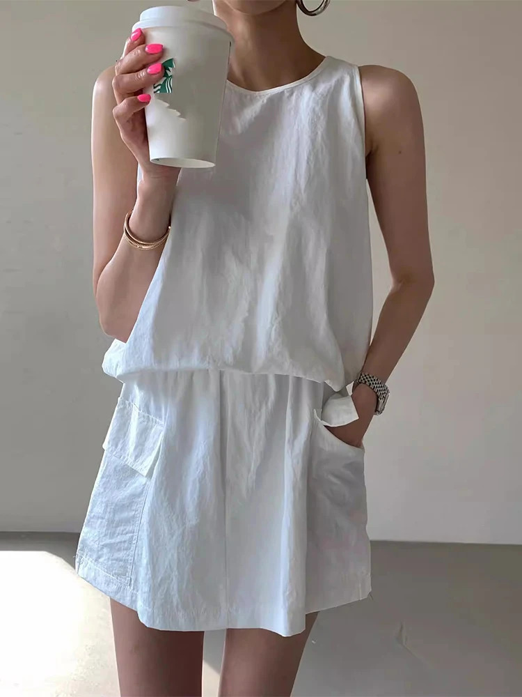 HELIAR Women Solid Color Casual 2 Piece Sets Zipper Sleeveless Vest Shirt Elastic Waist Shorts Skirt Set Office Women Outfits 250513