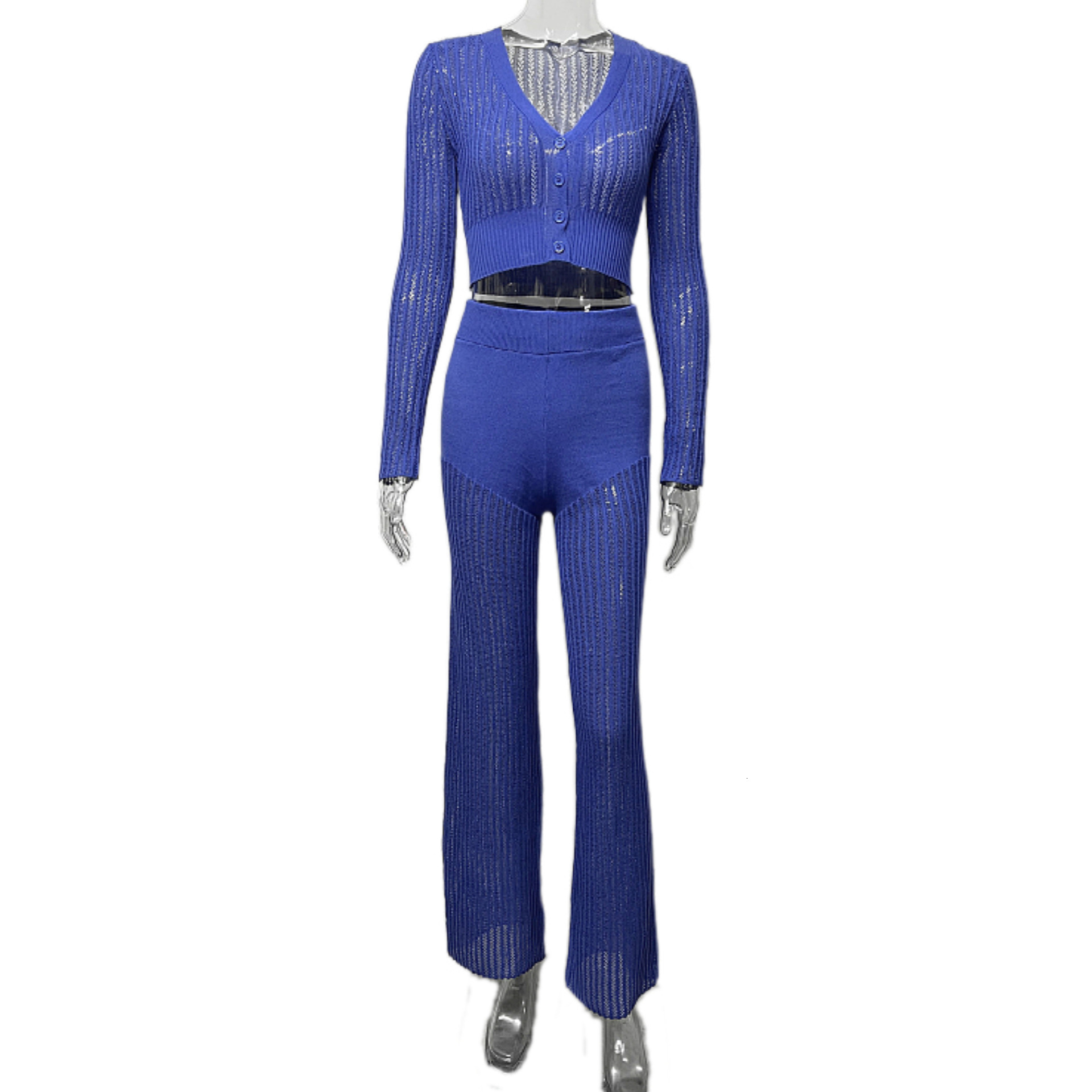 2025 Spring/Summer New Knitted Set Womens Perspective Casual Solid Color Hollow High Waist Pants Commuter Set