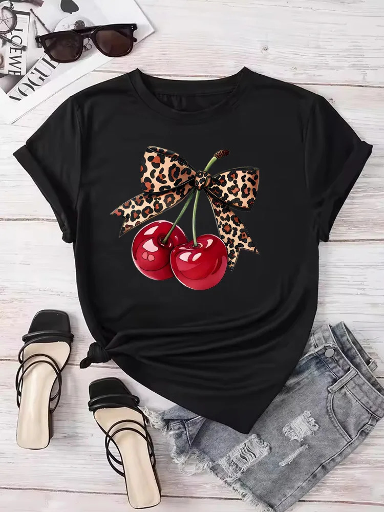 Fashion Cherry Print Womens TShirt Short Sleeve Crew Neck Casual Tops for Summer Spring Clothing Tees 250514