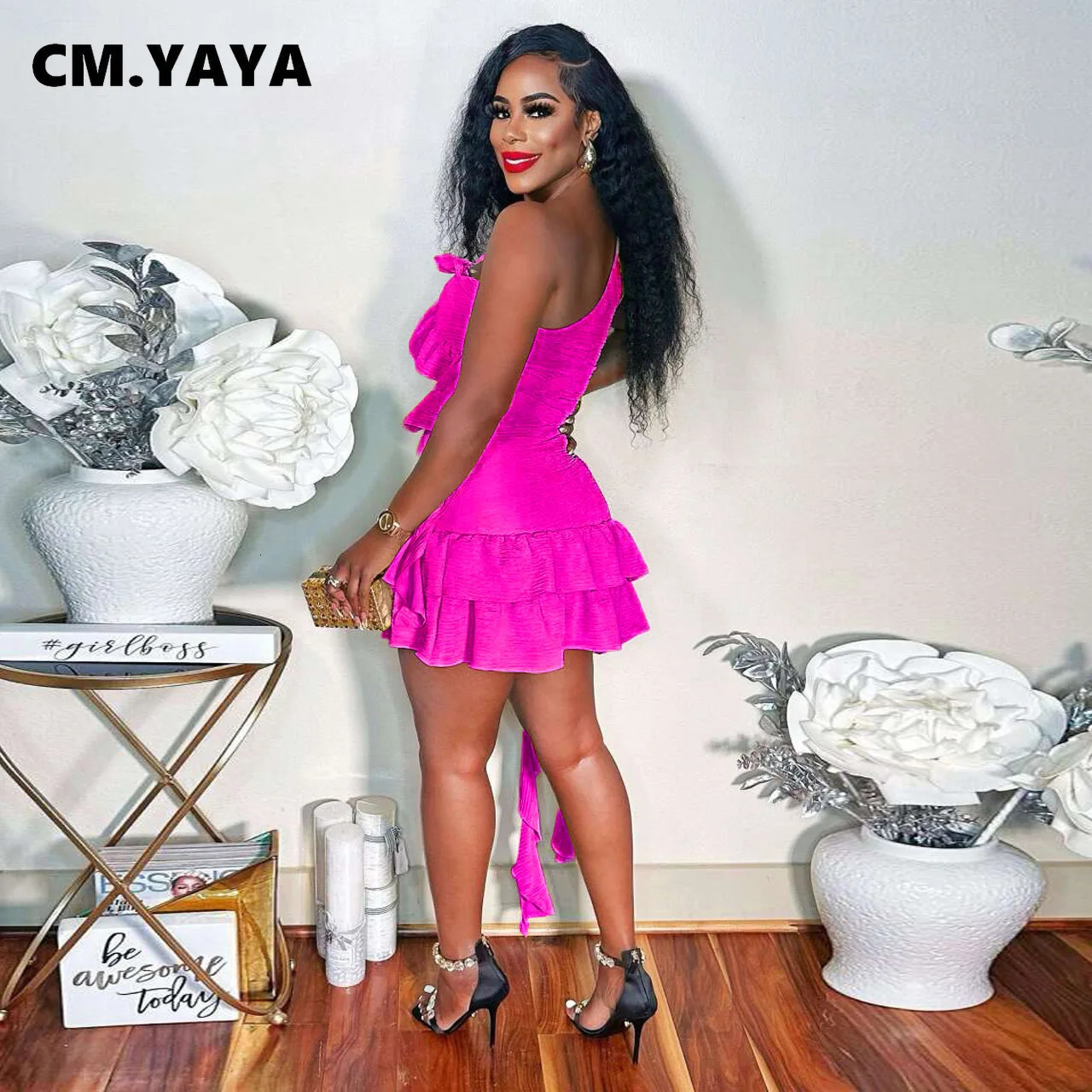 CM.YAYA Women Set Sleeveless One Shoulder Ruffles Tops and Mini Skirt Suits Sexy Cute beach Street Two 2 Piece Set Outfits 250513