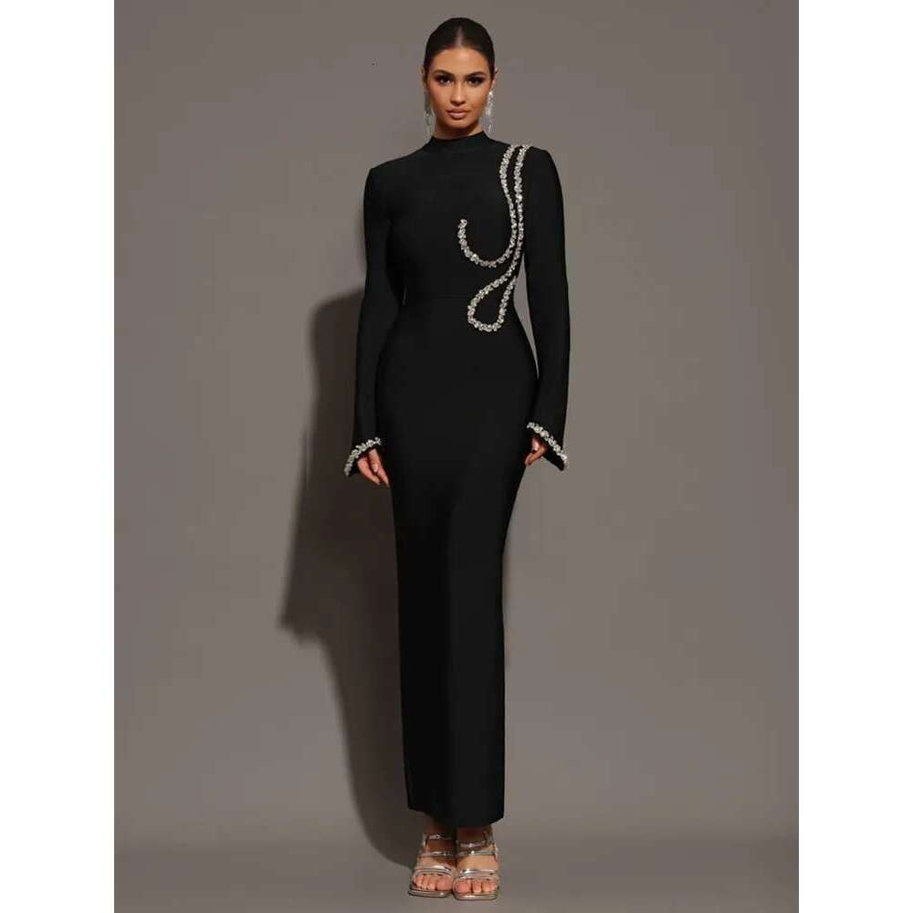 Women Celebrity Sexy Sleeve Dias Black Maxi Long Bodycon Bandage Dress Knitted Elegant Evening Club Party Outfit