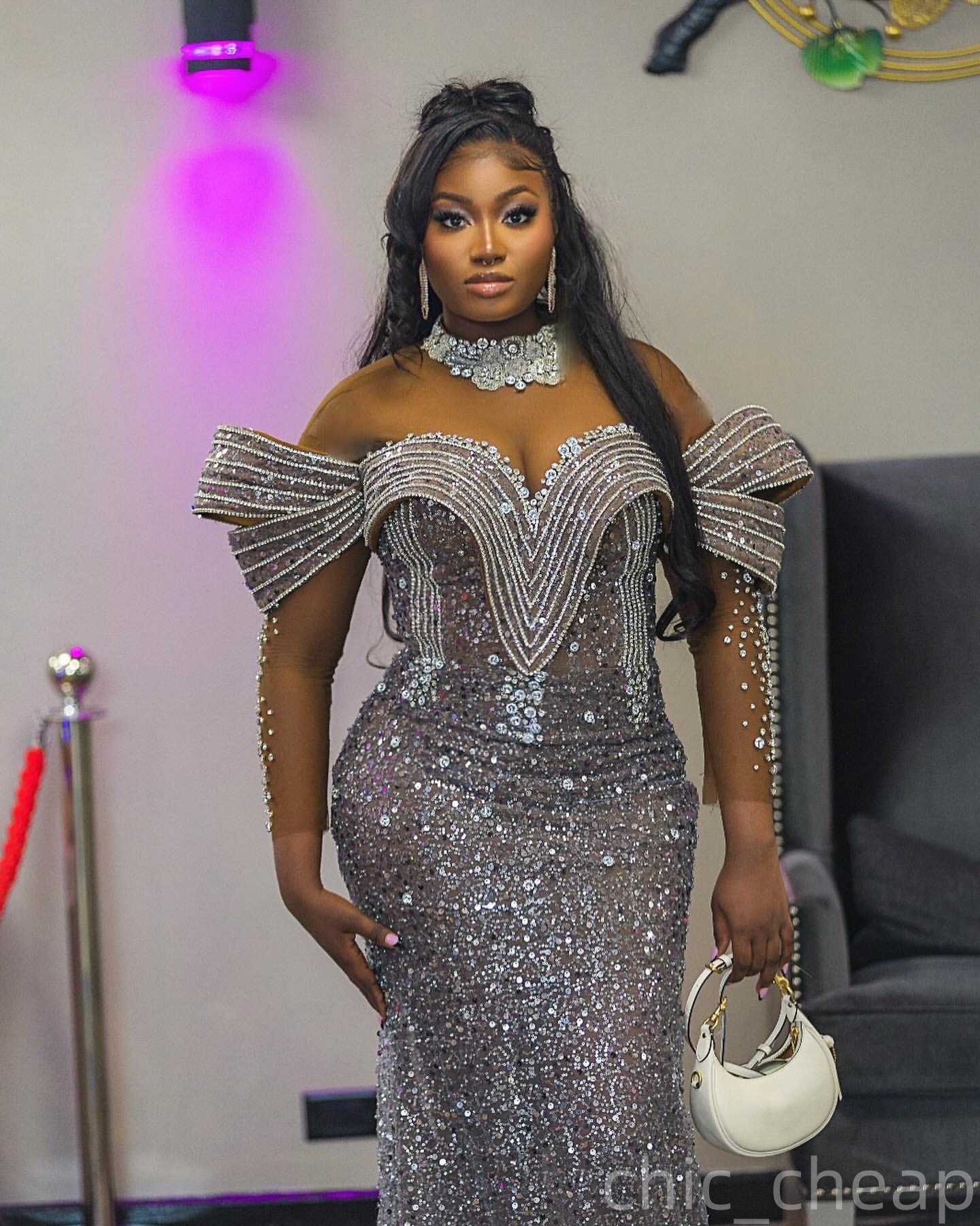 Silver Mermaid Plus Size Prom Dresses 2025 Crystals Beaded Illusion Sparkly Evening Formal Party Second Birthday Engagement Gowns Dress For Special Oc