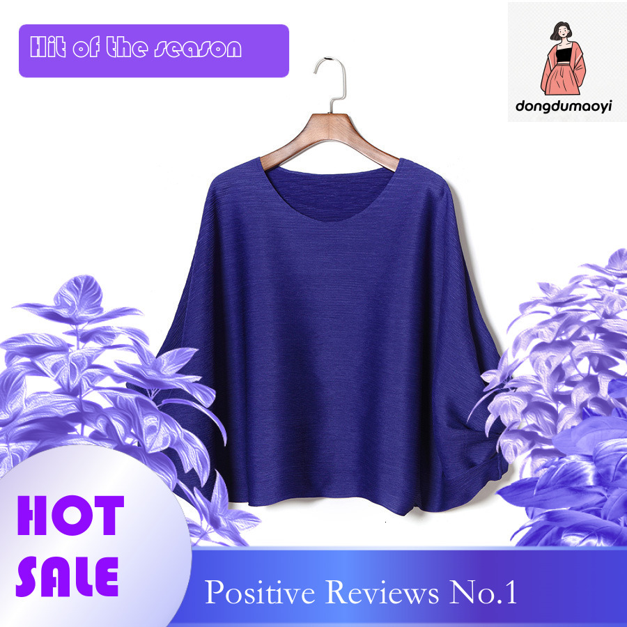 dongdumaoyi Miyake plus bat top for women, new round neck loose design, pleated nine quarter sleeve T-shirt