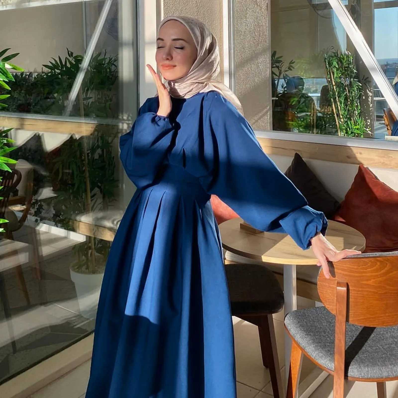 Elegant and Modest Blue Long Muslim Dress Womens Eid Ramadan Robe Dress 2025 Ramadan Kaftan Party Dresses Dubai Muslim Robe X250514