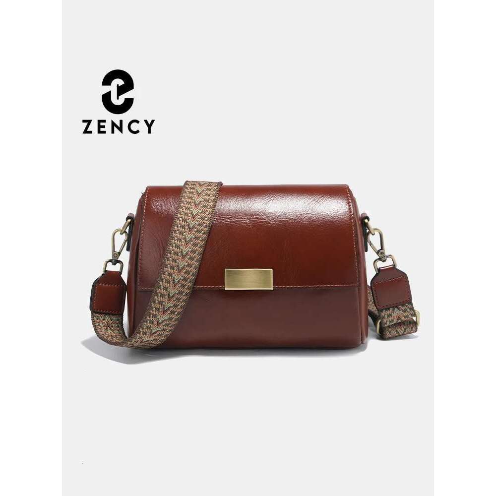 Zency Genuine Leather Vintage Designer Handbag For Women Large Capacity Shoulder Brown Crossbody Flap Bag Zip Purse Sac