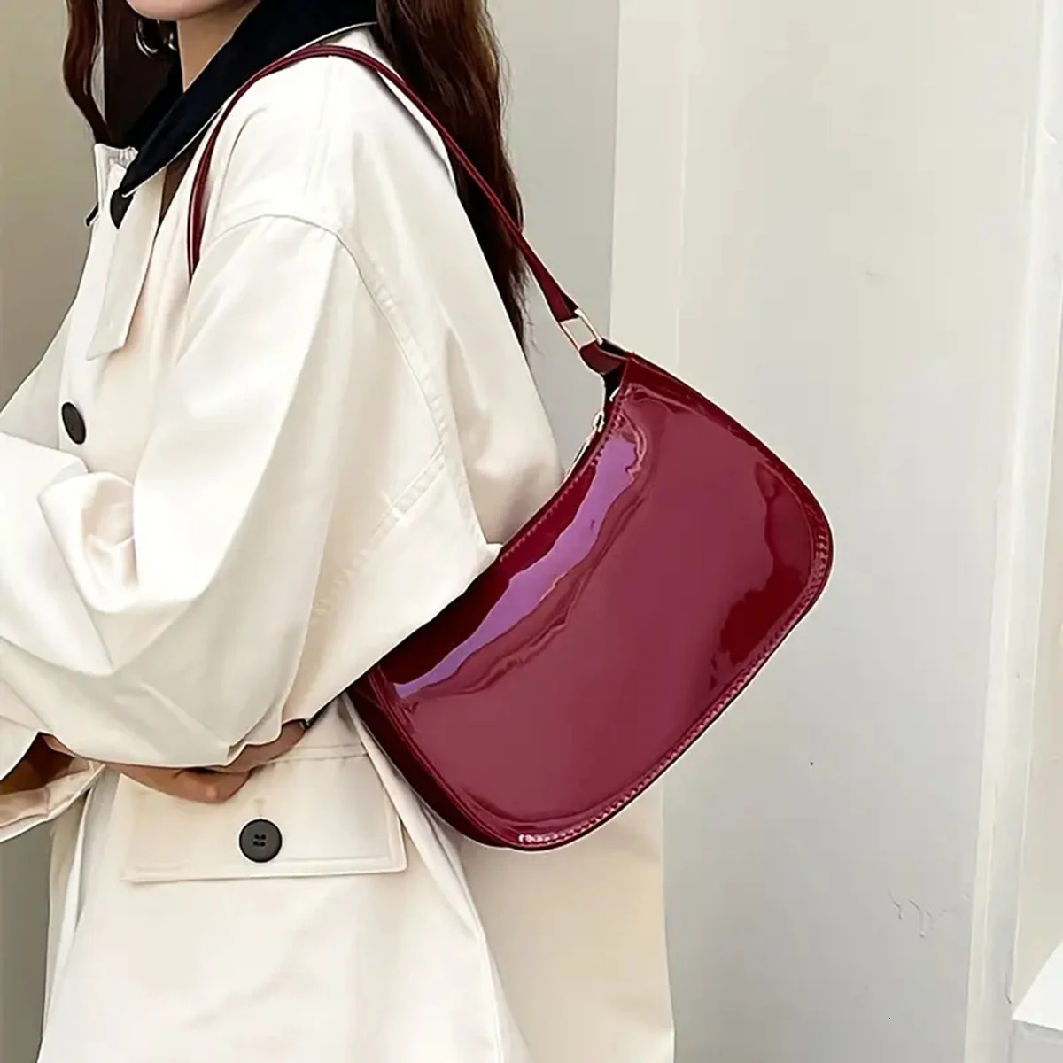 Red highend bag for women retro handheld underarm foreignstyle small patent leather young girls single shoulde 250514