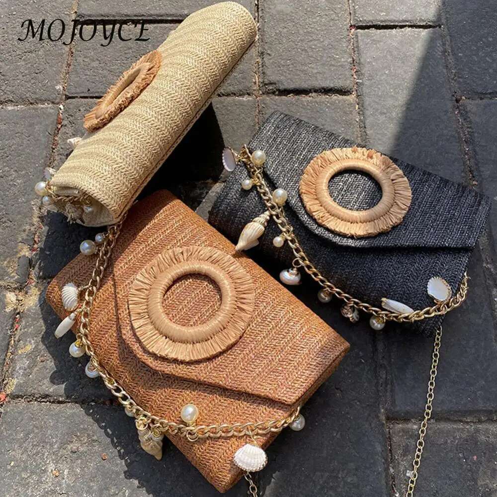 Women All-Match Shell Clutch Large Capacity Stylish Knit Evening Seaside Straw Beach Travel Shopping Commute Bag