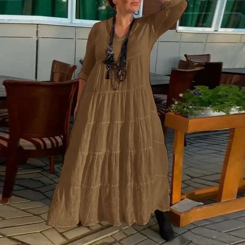 Women's loose elegant sleeved V-neck casual long solid color dress cake skirt autumn plus size