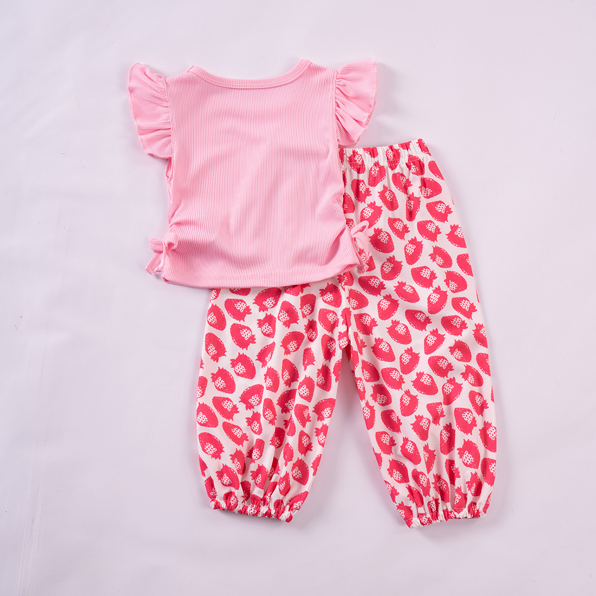 Summer new baby girls casual set butterfly sleeves solid color top cute waisted printed pants, daily wear and party wear, suitable for outings T5SS021