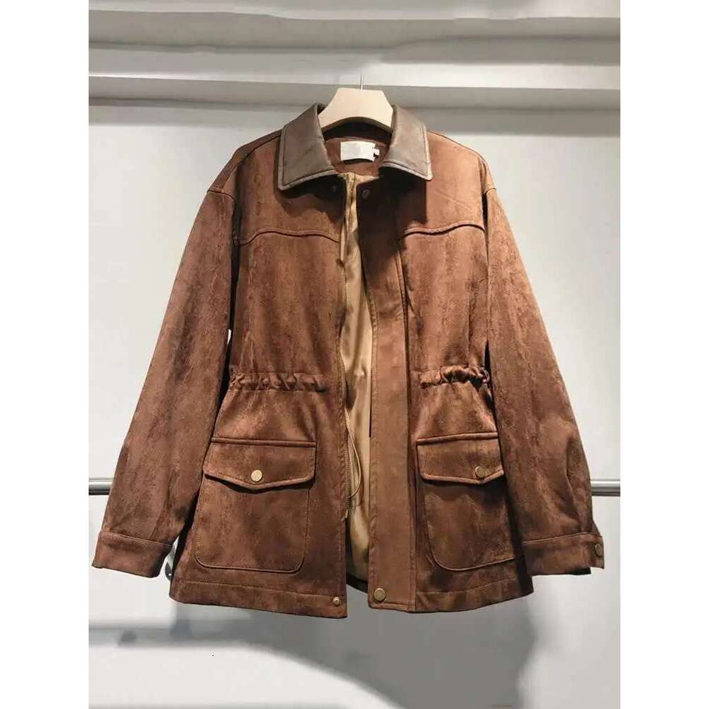DEAT Trendy Women's Elastic Waist Design Loose Coat Autumn Vintage Fashion Lapel Long Sleeve Zipper Jacket Female 33A1908