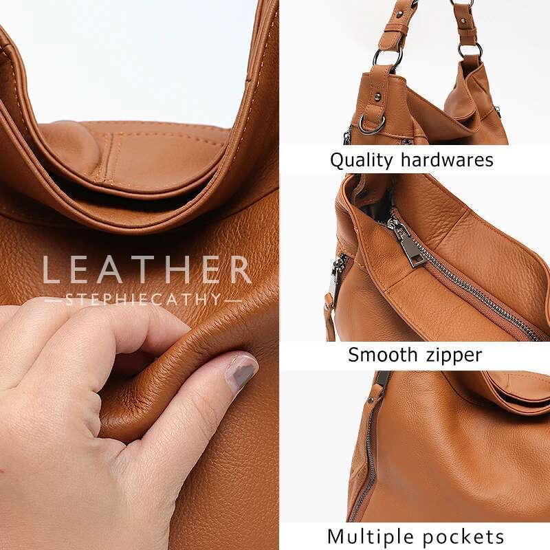 SC Large Slouchy Leather Women Shoulder Bag Lady Cowhide Multi Pockets Casual Soft Hobo Female Messenger Real Skin Handbag