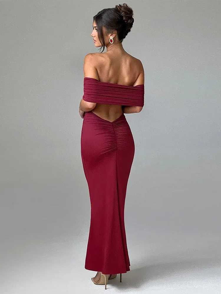 Temperament Slim Strapless Long Dress Women Solid Color Sexy Off-shoulder Backless Package Hip Sleeveless Club Party DressesXJ250514