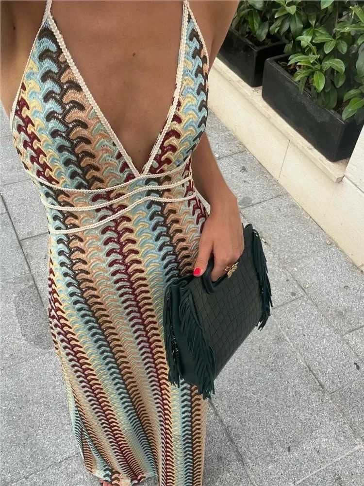Sexy Printed Colorful Deep V-neck Crochet Maxi Dress Women Chic Sleeveless Backless Sling Slim Dress 2025 Lady Vacation RobesXJ250514